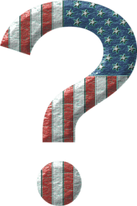 A large question mark symbol filled with a distressed, metallic-textured American flag pattern, featuring red and white vertical stripes and white stars on a blue background